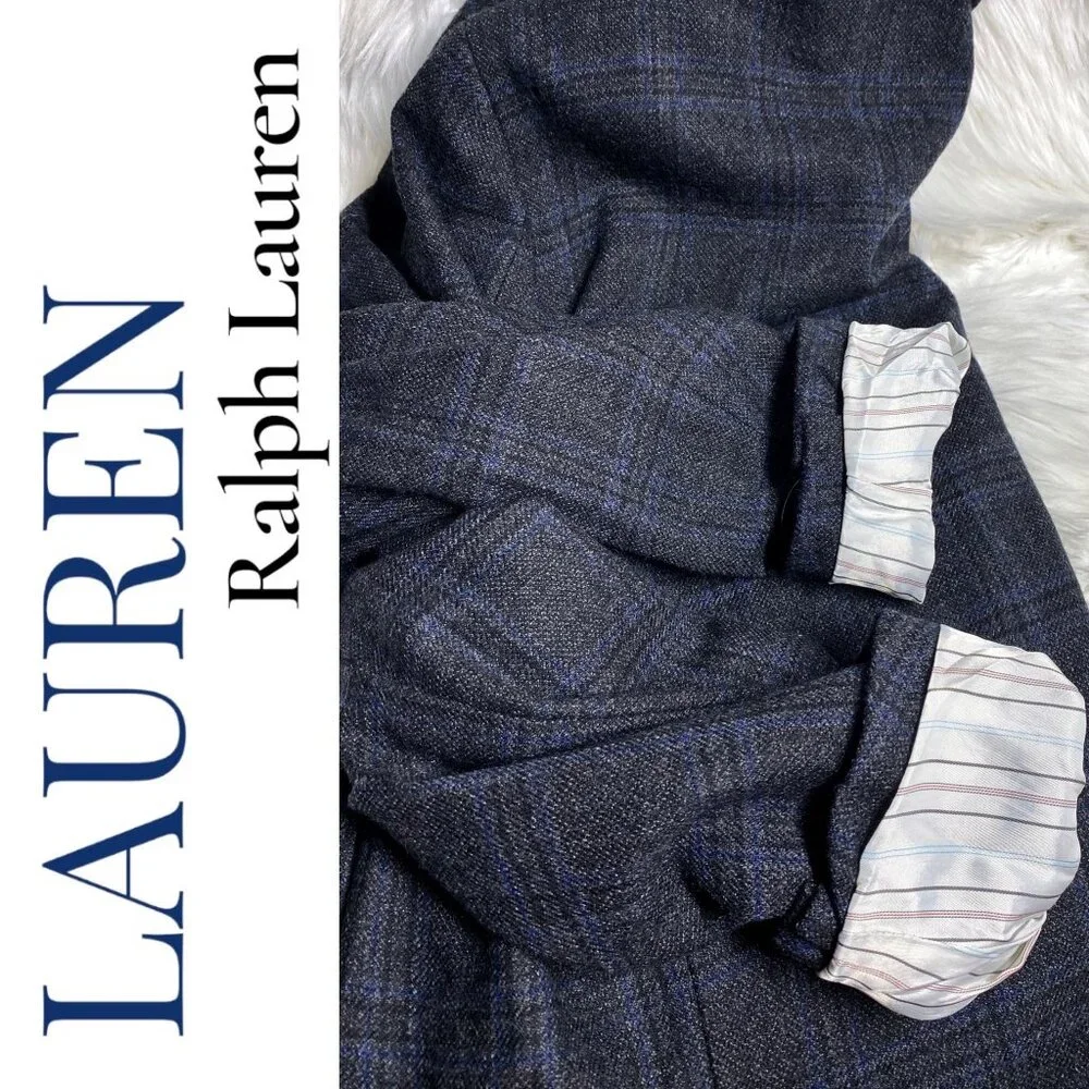 LAUREN RALPH LAUREN MEN’S 100% WOOL PLAID‎ BLAZER 2-BUTTON GRAY BLUE, SIZE 48R